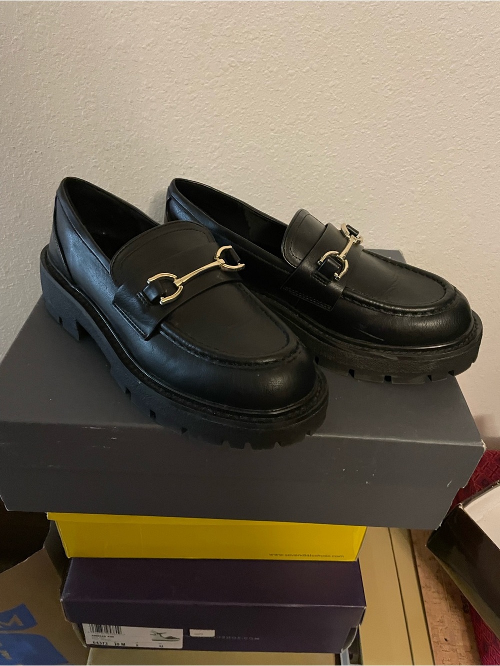 wild fable Black Leather Lug Sole Loafers with Gold Bit